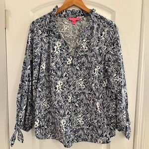 illy Pulitzer Sherida Top Koala Print Navy & White Ruffle Blouse Size L